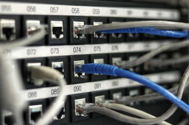 Cabos de rede organizados em um rack de infraestrutura